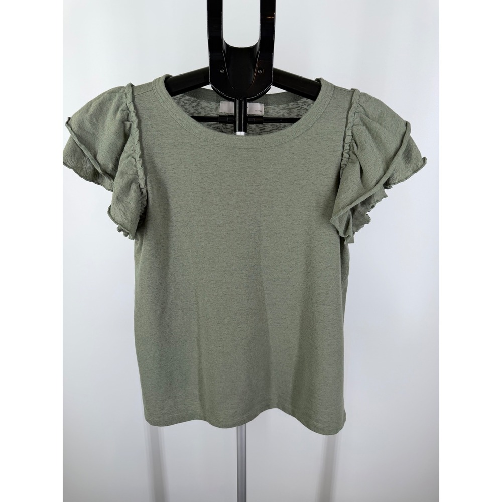 LOFT Petite Olive Green Ruffle Cap Sleeve Knit Top Crew Neck Size M‎